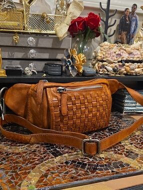 Men's Woven Leather Belt Bag in Tan